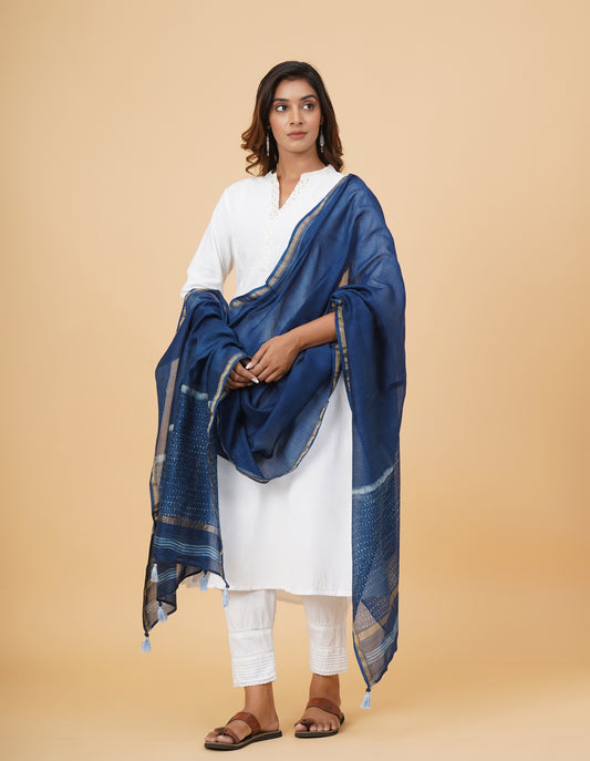 Indigo Dyed Dabu Printed Chanderi Duppatta