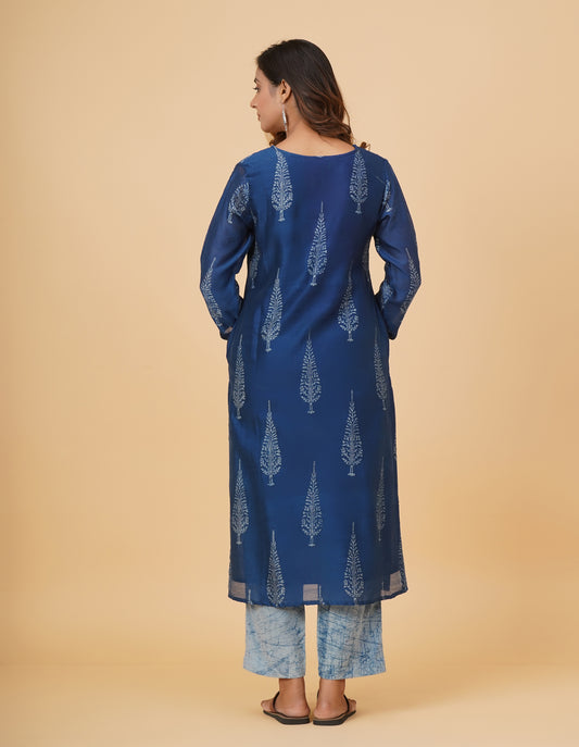 Indigo Dyed Dabu Printed Chanderi Long Kurta
