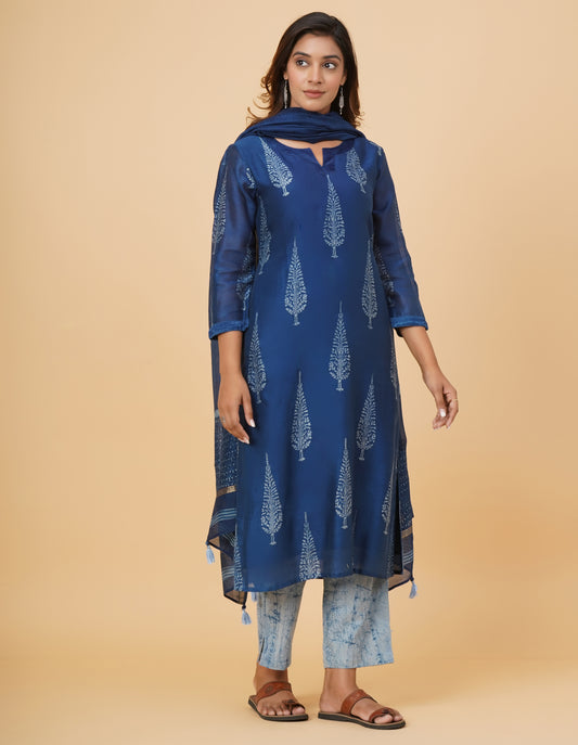 Indigo Dyed Dabu Printed Chanderi Kurta Set