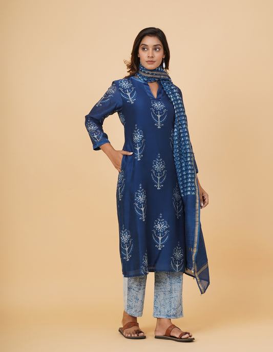 Indigo Dyed Dabu Printed Chanderi Kurta Set