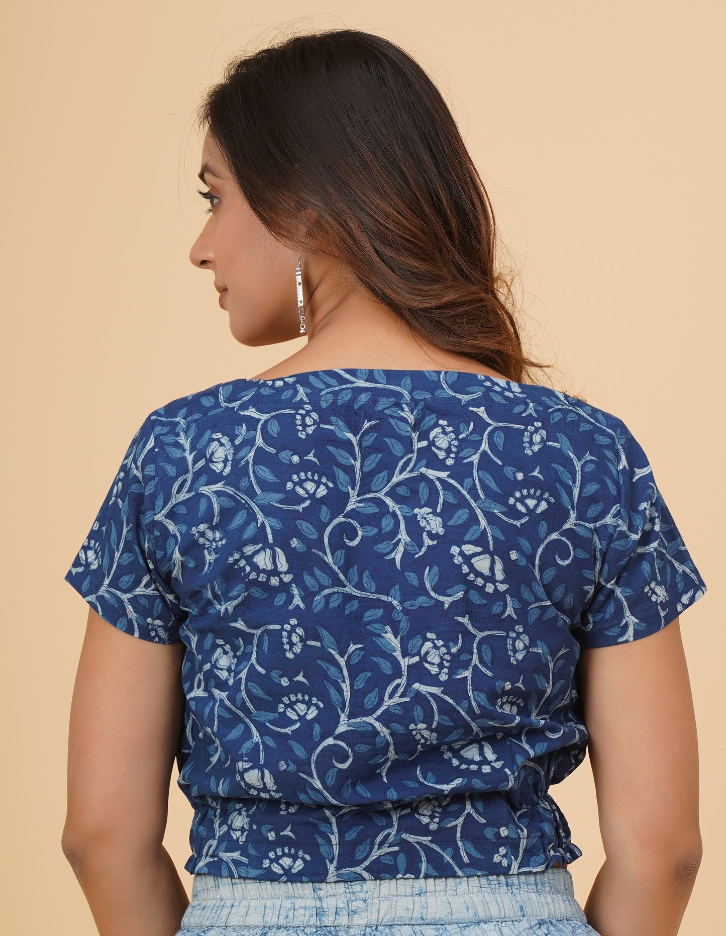 Indigo Dyed Dabu Printed Short Sleeve Blouse