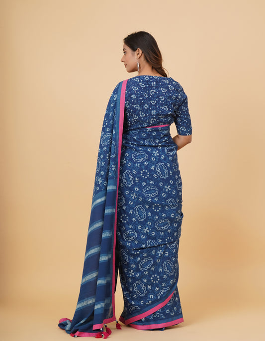 Natural Indigo Dyed Dabu Hand Block Printed Cotton Saree