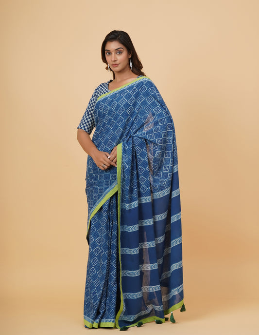 Natural Indigo Dyed Dabu Hand Block Printed Cotton Saree