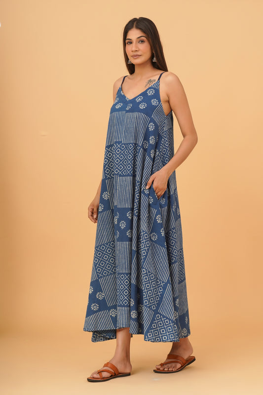 Natural Indigo Dyed Dabu Printed Cotton Long Dress