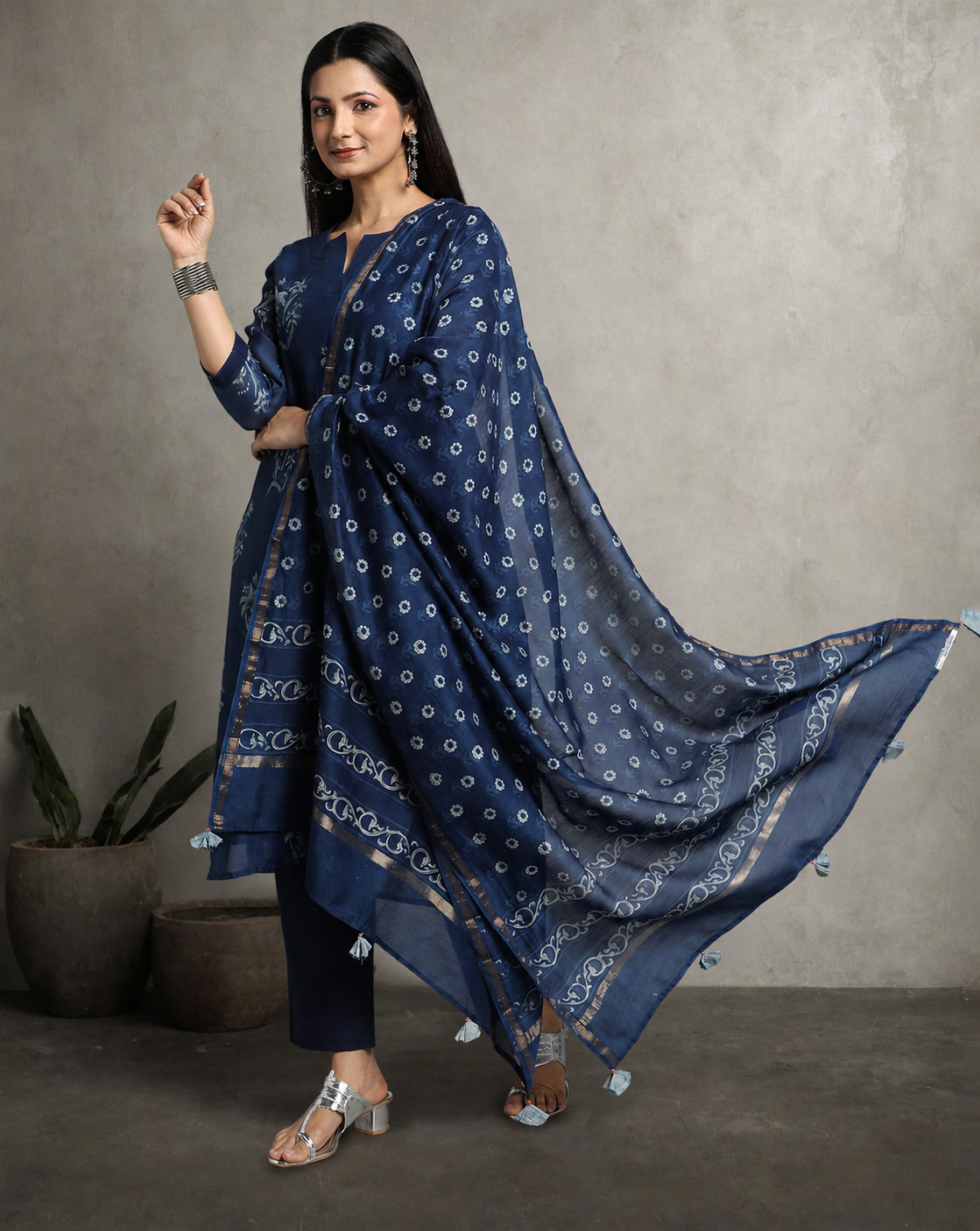 Indigo Dyed Dabu Hand Block Printed Chanderi Silk Duppatta