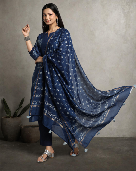 Indigo Dyed Dabu Hand Block Printed Chanderi Silk Duppatta