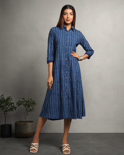 Indigo Dyed Dabu Printed Chain Long Dress