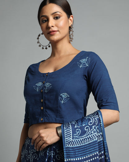 Indigo Dyed Dabu Printed Full Sleeve Blouse