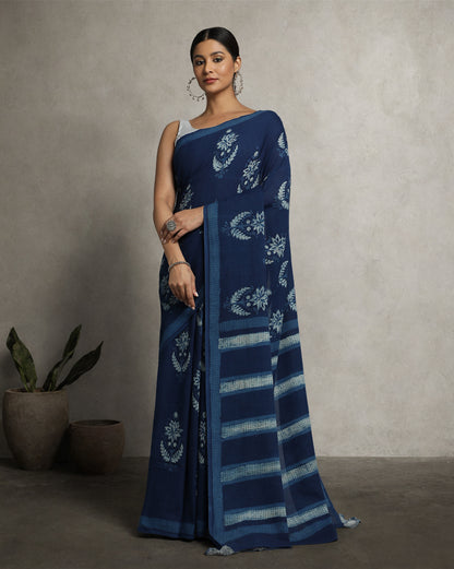 Natural Indigo Dyed Dabu Hand Block Printed Cotton Saree
