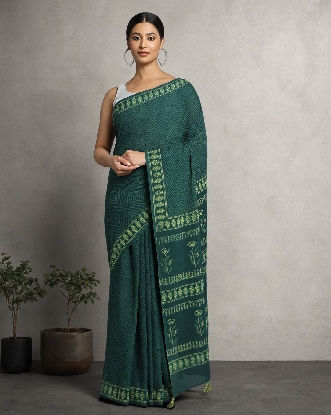 Natural Indigo Dyed Dabu Hand Block Printed Cotton Saree