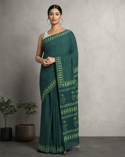Natural Indigo Dyed Dabu Hand Block Printed Cotton Saree