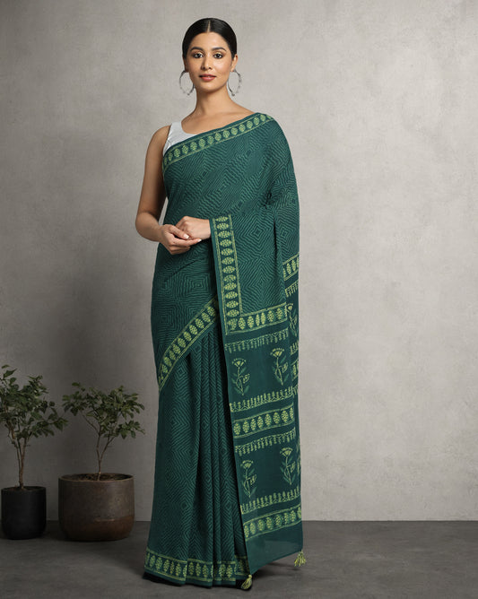 Natural Indigo Dyed Dabu Hand Block Printed Cotton Saree