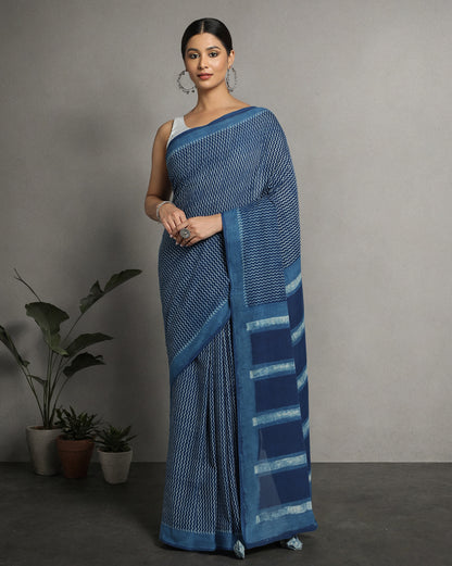 Natural Indigo Dyed Dabu Hand Block Printed Cotton Saree