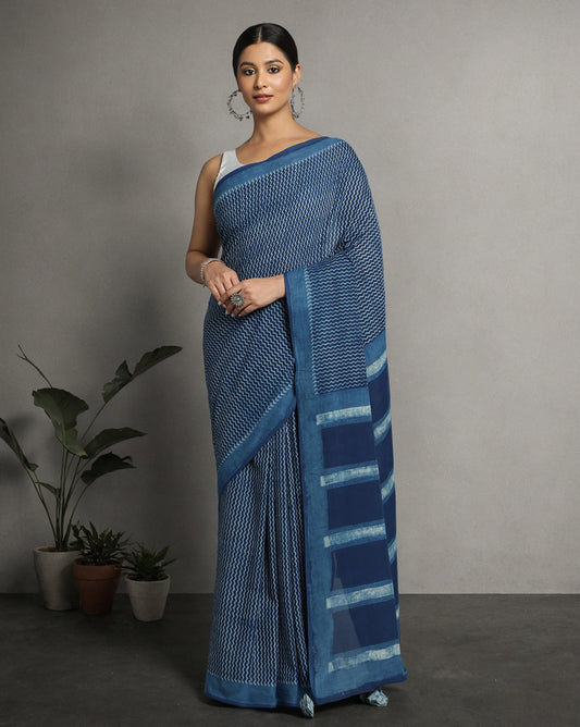 Natural Indigo Dyed Dabu Hand Block Printed Cotton Saree