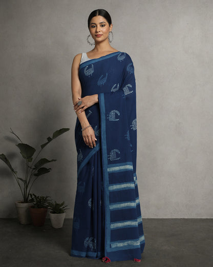Natural Indigo Dyed Dabu Hand Block Printed Cotton Saree