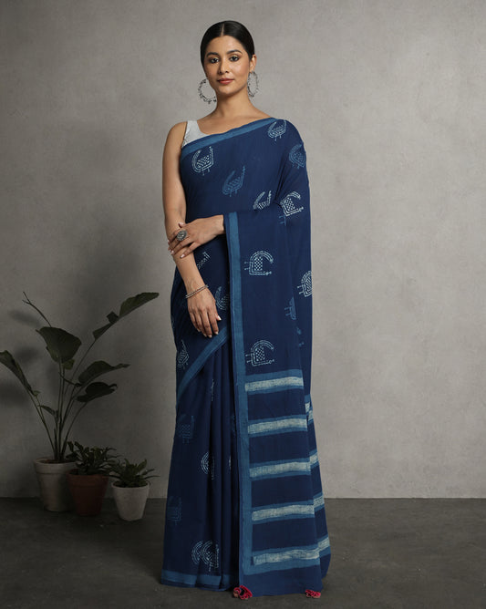 Natural Indigo Dyed Dabu Hand Block Printed Cotton Saree