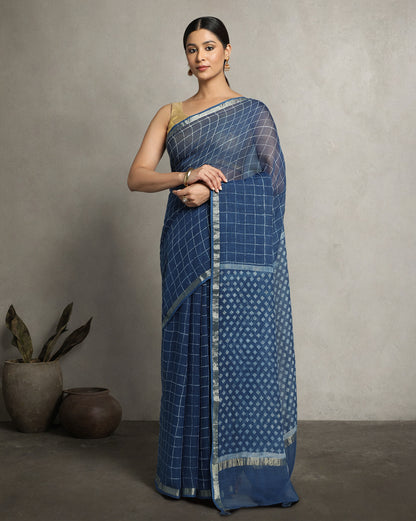 Natural Indigo Dyed Dabu Hand Block Printed Kota Doriya Saree
