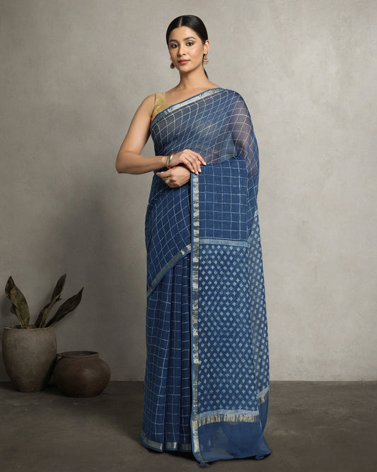 Natural Indigo Dyed Dabu Hand Block Printed Kota Doriya Saree