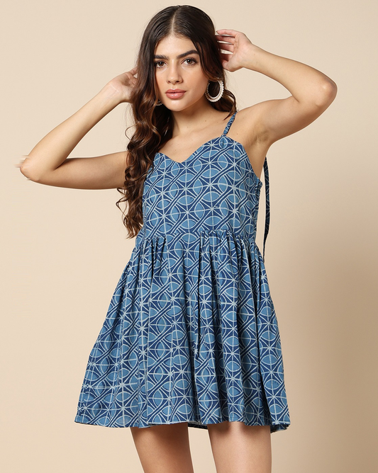 Natural Indigo Dyed Dabu Geometrical Hand Block Printed Skater Dress