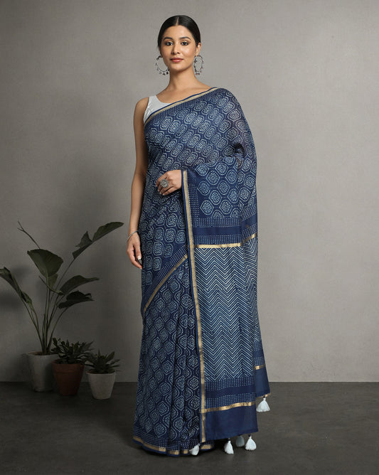 Natural Indigo Dyed Dabu Hand Block Printed Chanderi Saree