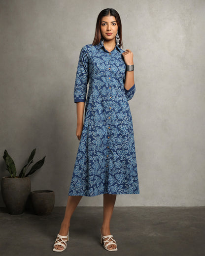 Indigo Dyed Dabu Printed Gad Flower Long Dress