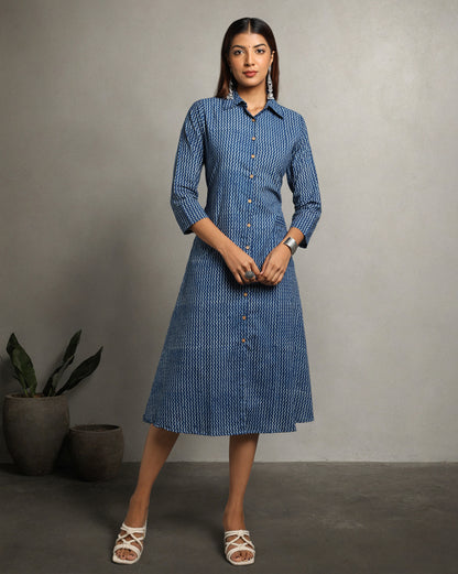 Indigo Dyed Dabu Printed Lehar Long Dress