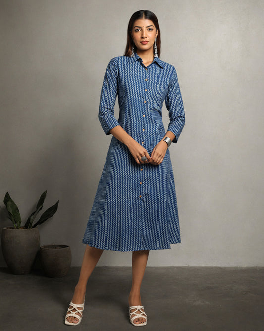 Indigo Dyed Dabu Printed Lehar Long Dress
