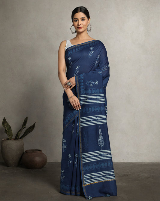 Natural Indigo Dyed Dabu Hand Block Printed Chanderi Saree
