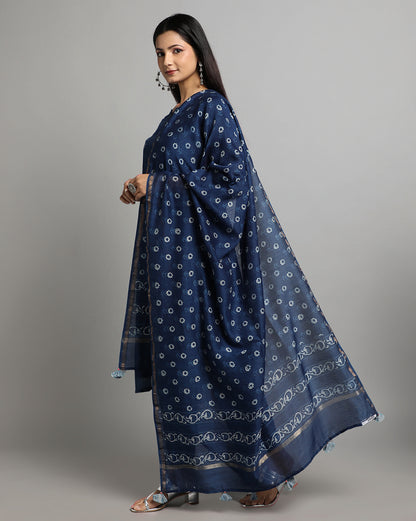 Indigo Dyed Dabu Hand Block Printed Chanderi Silk Duppatta