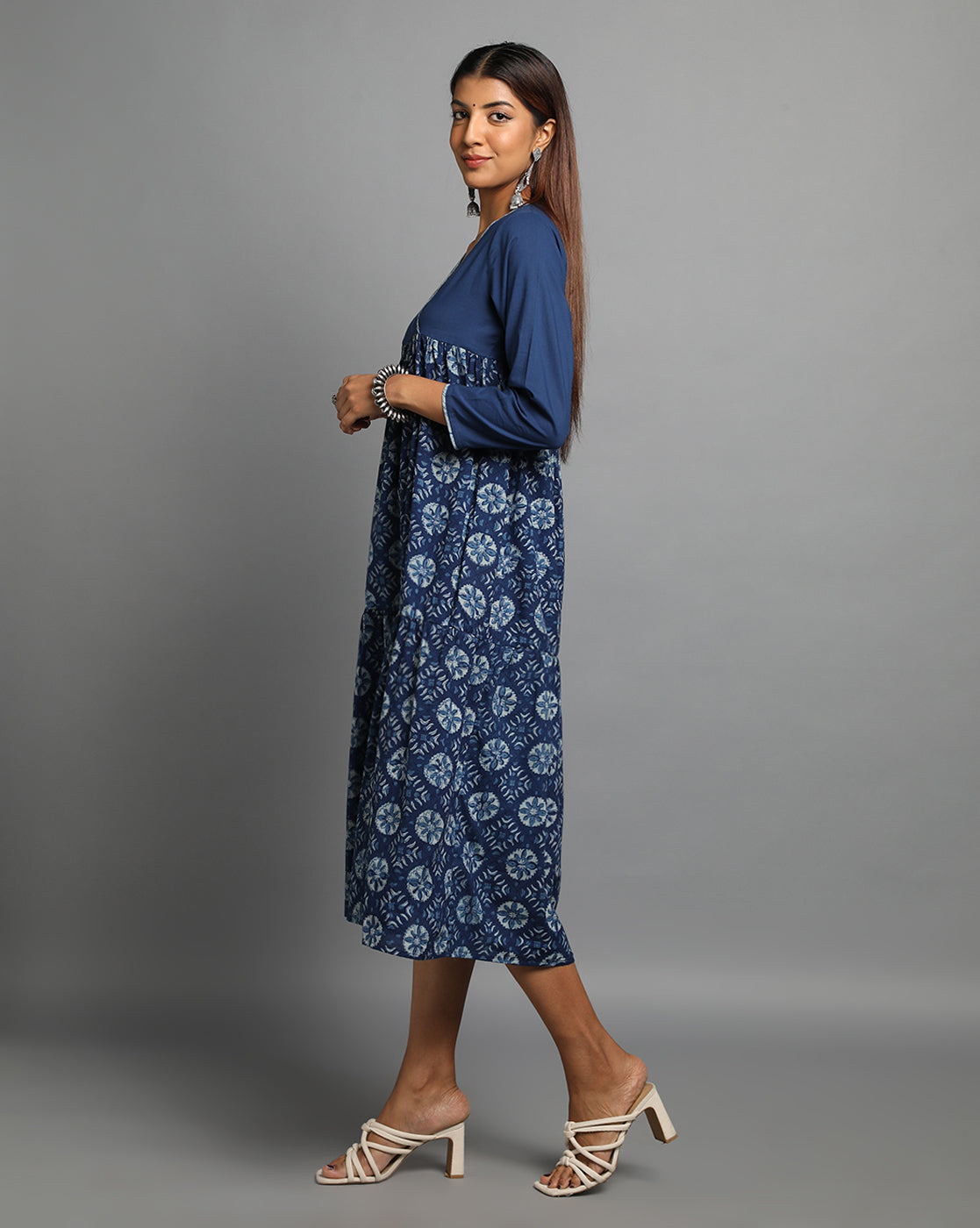 Indigo Dyed Dabu Printed Flower Zaal Angrakha Dress