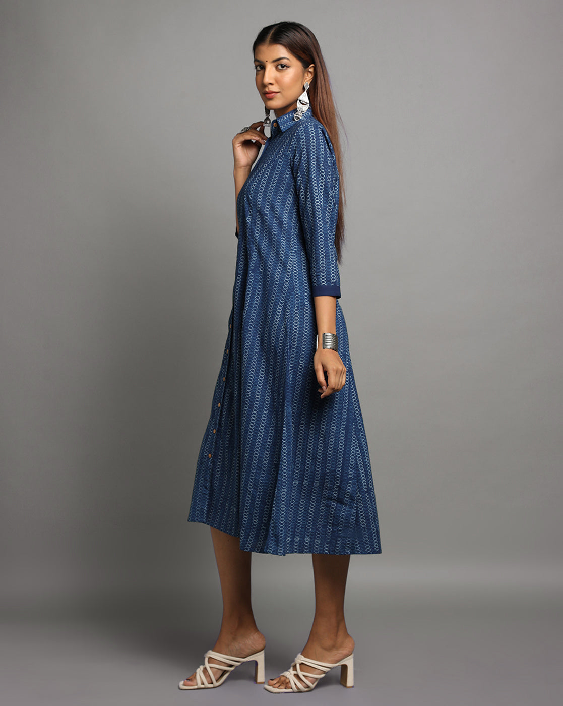 Indigo Dyed Dabu Printed Chain Long Dress