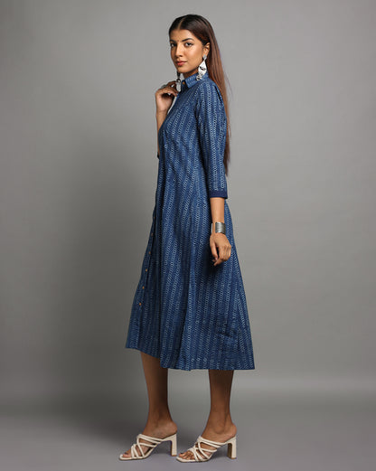 Indigo Dyed Dabu Printed Chain Long Dress