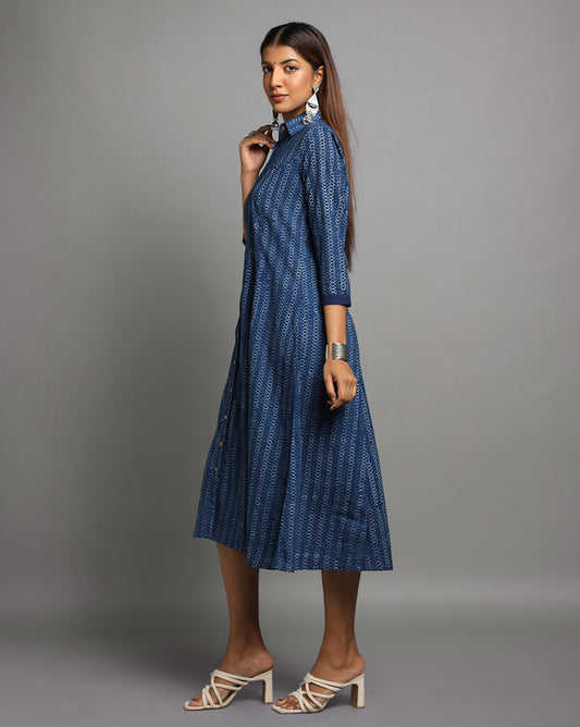 Indigo Dyed Dabu Printed Chain Long Dress