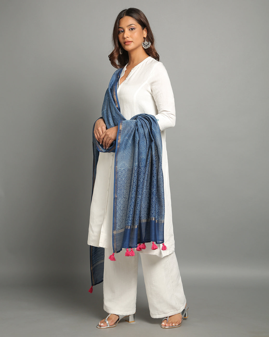 Indigo Dyed Dabu Hand Block Printed Chanderi Silk Duppatta
