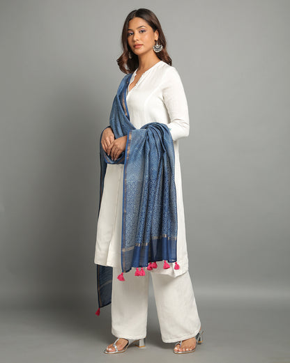 Indigo Dyed Dabu Hand Block Printed Chanderi Silk Duppatta
