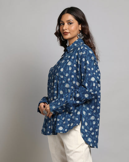 Indigo Nashpal Dyed and Dabu Printed Shirt
