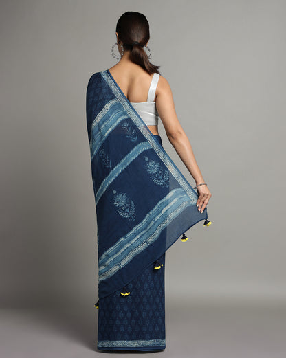 Natural Indigo Dyed Dabu Hand Block Printed Cotton Saree