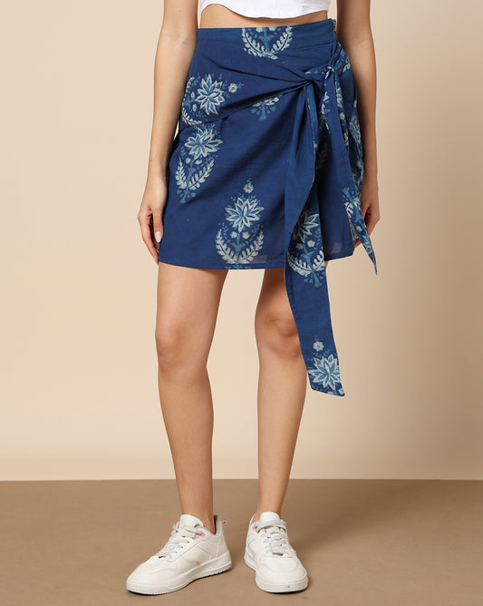 Indigo Dyed Dabu Printed Bada Butta Cotton Skirt
