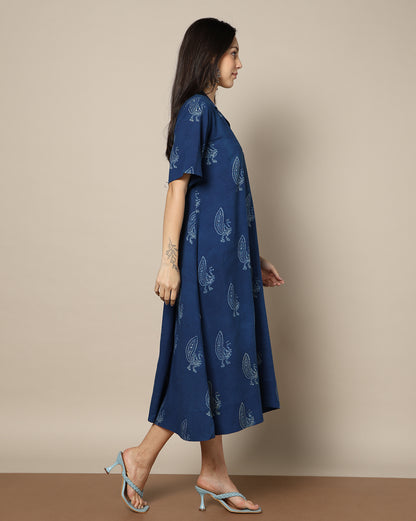 Indigo Dyed Dabu Hand Block Printed Long Dress