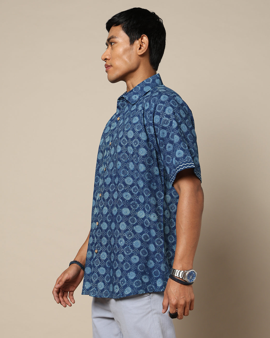 Men's Dabu Printed Indigo Dyed Shirt