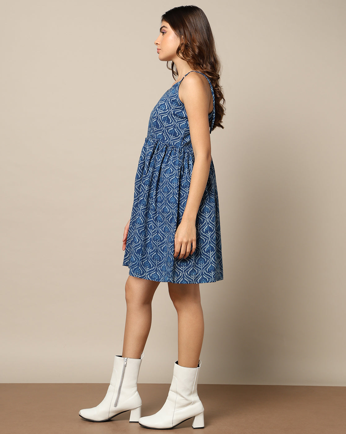 Natural Indigo Dyed Dabu Hand Block Print Spaghetti Dress