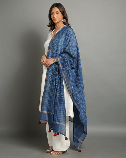 Indigo Dyed Dabu Hand Block Printed Chanderi Silk Duppatta
