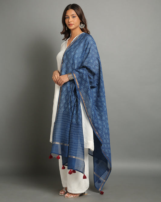 Indigo Dyed Dabu Hand Block Printed Chanderi Silk Duppatta