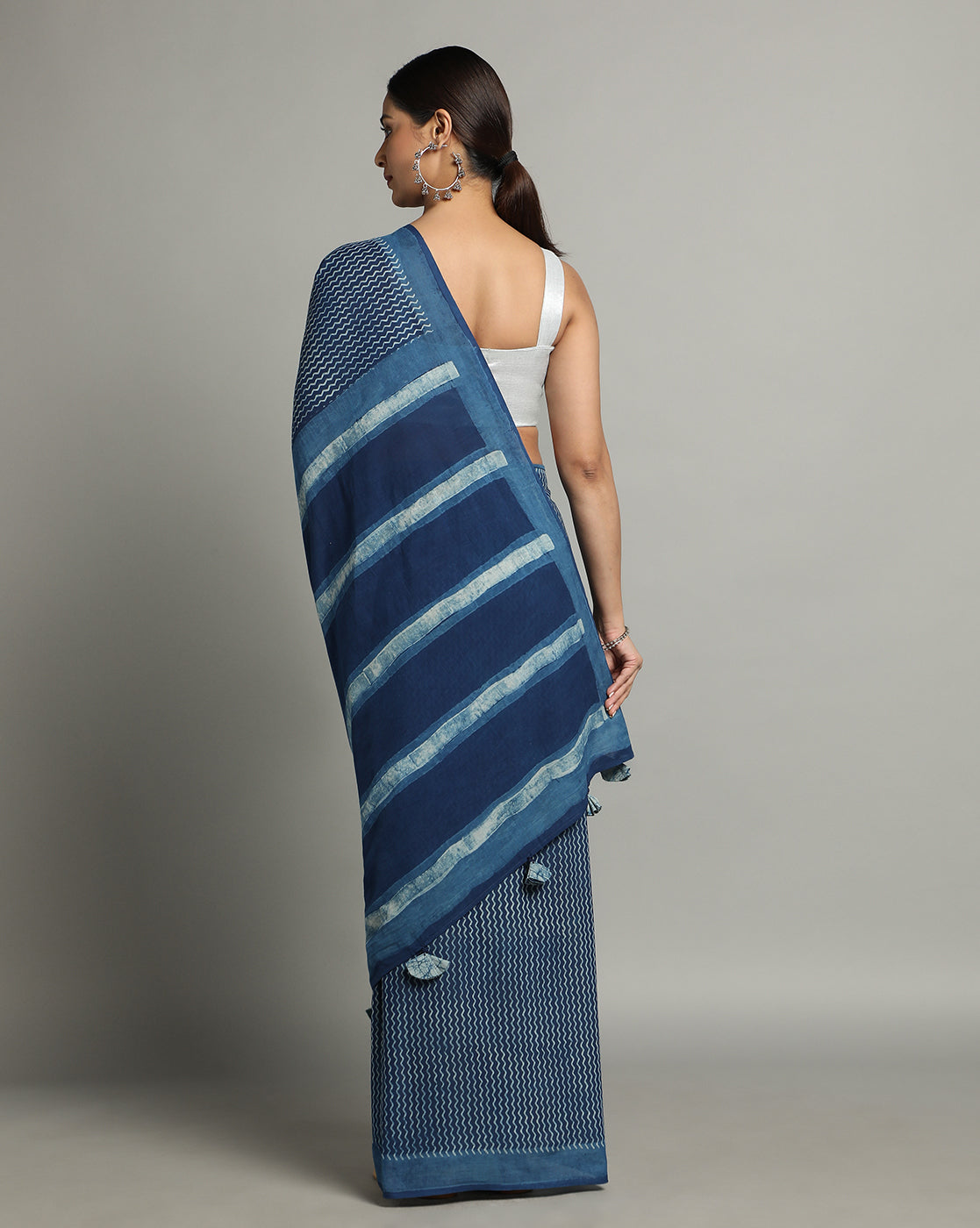 Natural Indigo Dyed Dabu Hand Block Printed Cotton Saree
