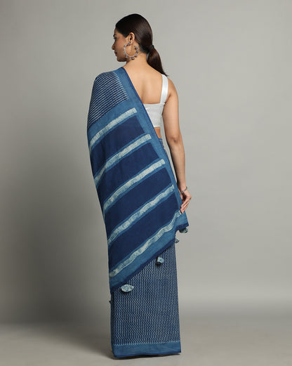 Natural Indigo Dyed Dabu Hand Block Printed Cotton Saree