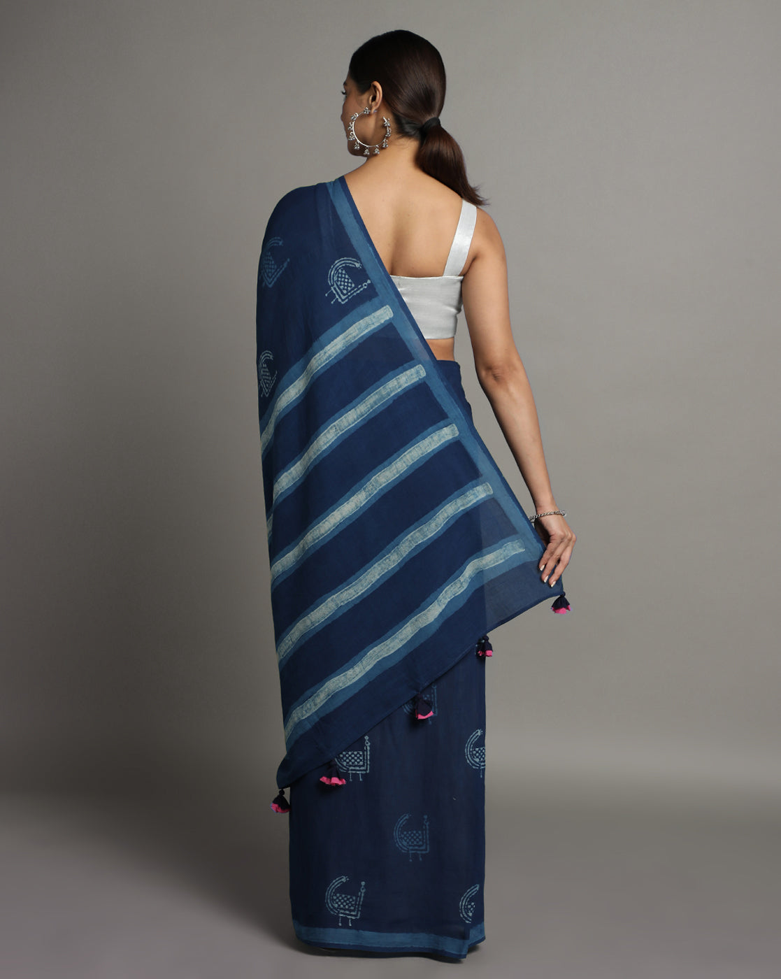 Natural Indigo Dyed Dabu Hand Block Printed Cotton Saree