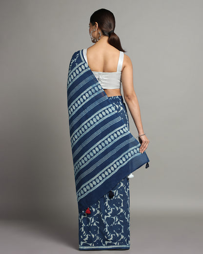 Natural Indigo Dyed Dabu Hand Block Printed Cotton Saree