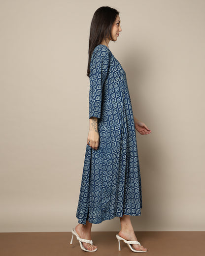 Indigo Dyed Dabu Hand Block Printed Long Dress