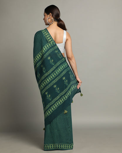 Natural Indigo Dyed Dabu Hand Block Printed Cotton Saree
