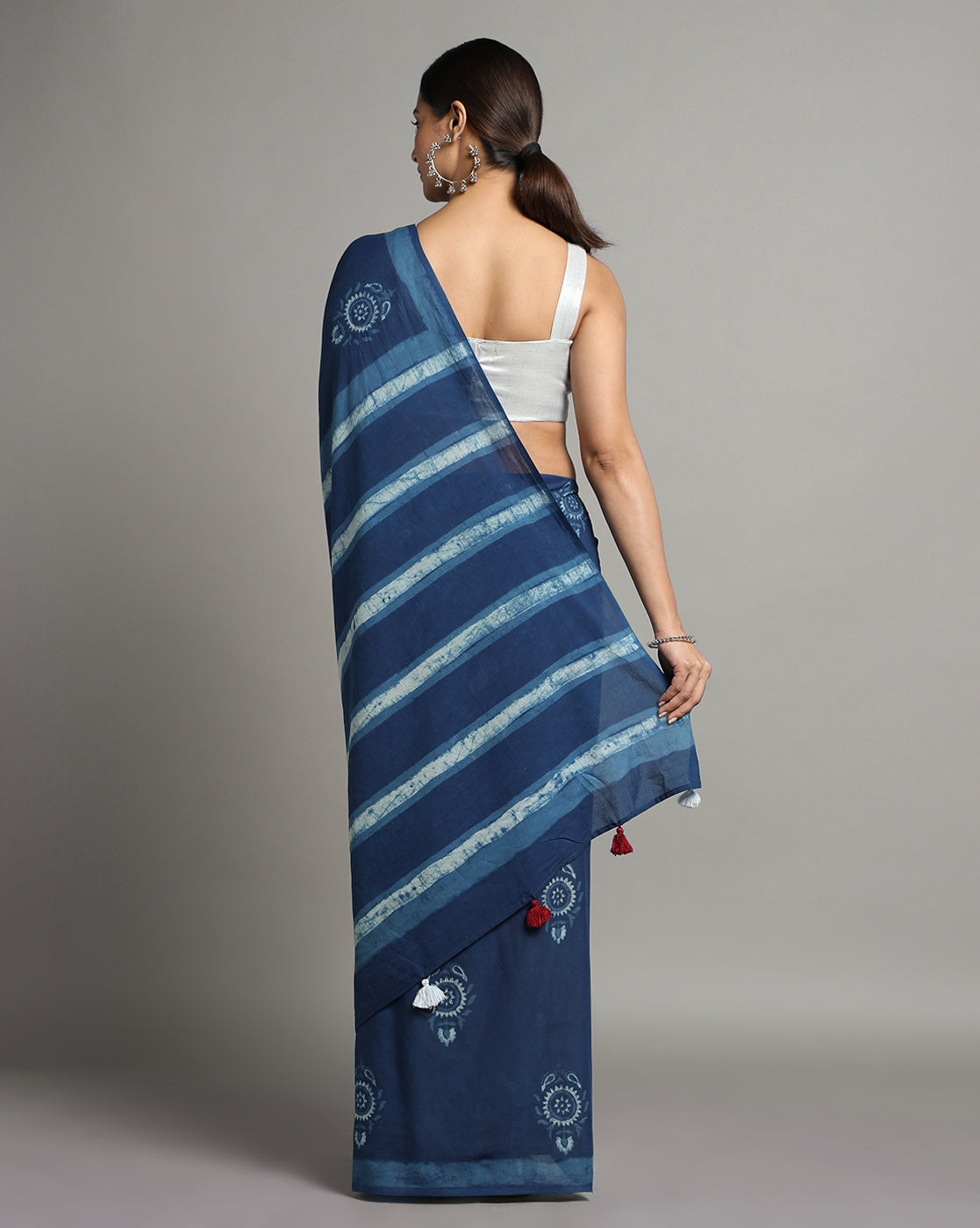 Natural Indigo Dyed Dabu Hand Block Printed Cotton Saree
